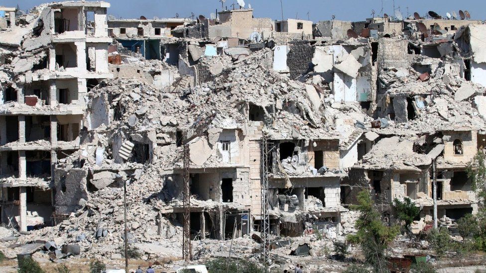 Ruined buildings in neighbourhood of Bani Zeid, on Aleppo's northern outskirts on July 29, 2016