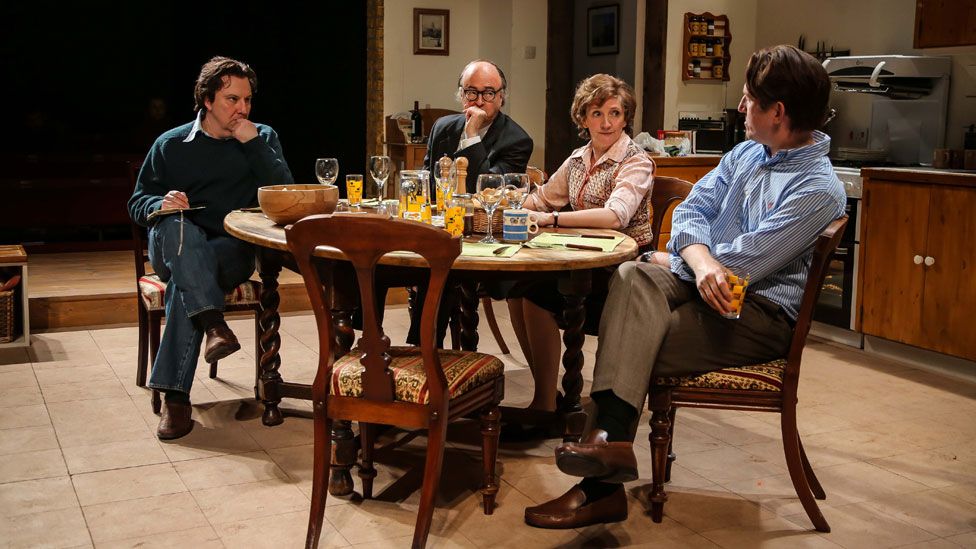 Paul Chahidi (as Bill Rodgers), Oger Allam (as Roy Jenkins), Debra Gillett (as Shirley Williams) and Tom Goodman-Hill (as David Owen) in Limehouse