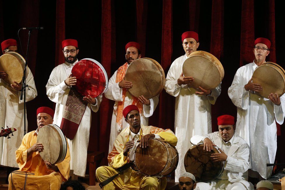 Tunisian members of the group El Hadhra Chants Soufis perform during the Festival de La Medina at the Municipal Theater in Tunis, Tunisia, 06 June 2017