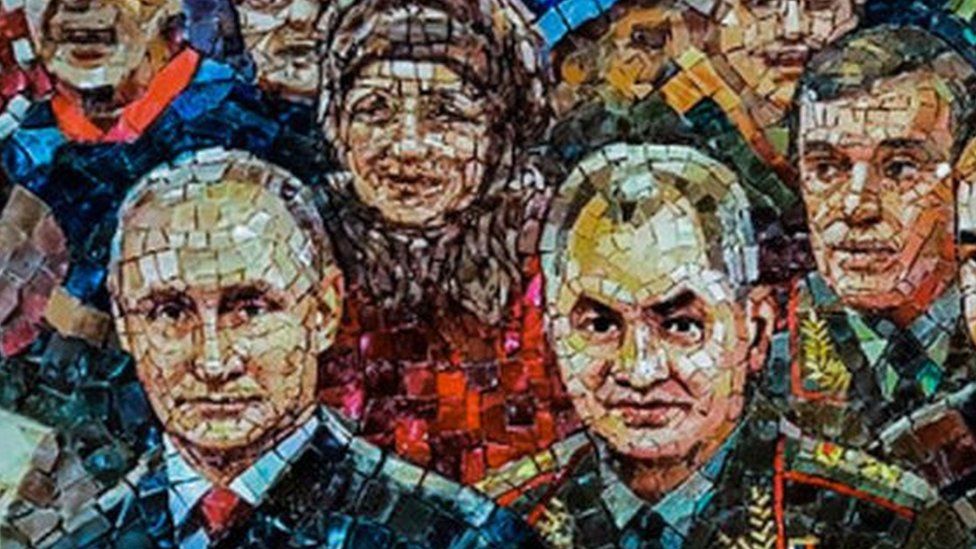 An early edition of a mosaic including Vladimir Putin, Sergei Shoigu and Joseph Stalin that was due to be installed in a cathedral dedicated to the armed forces outside Moscow.