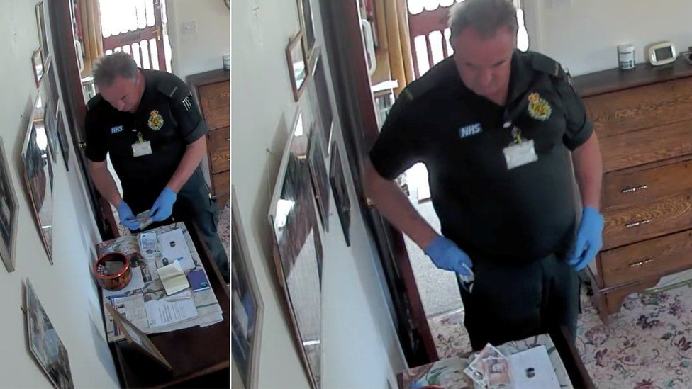 Paramedic taking cash from a bowl