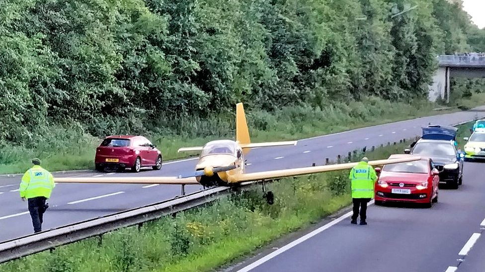 A light aircraft landed on the A40 in Gloucestershire