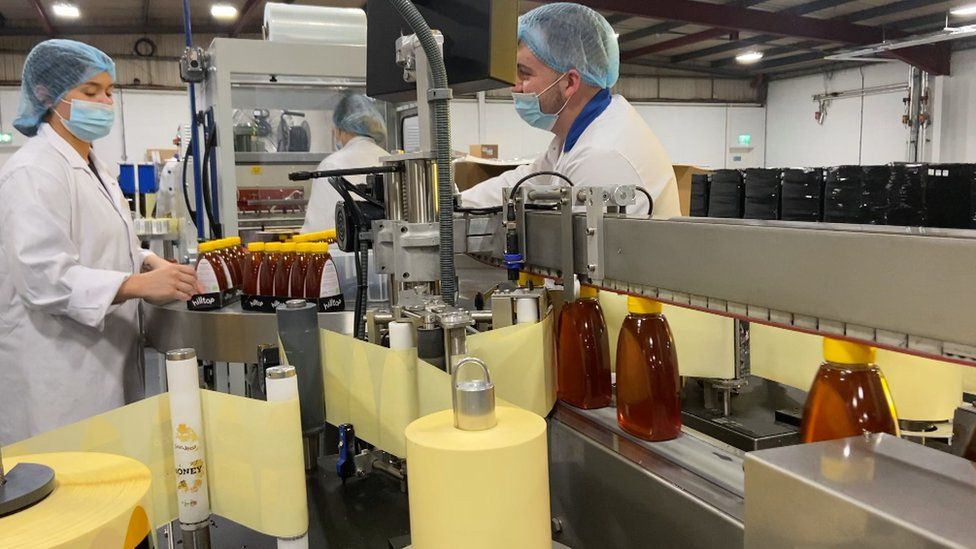 Workers filling bottles with honey
