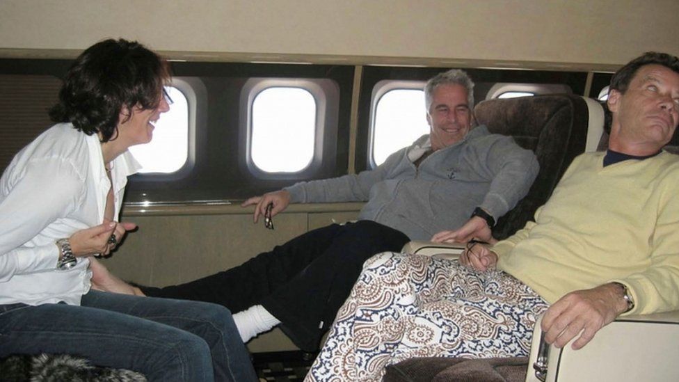 An undated image shows Ghislaine Maxwell (left), Jeffrey Epstein (middle) and Jean-Luc Brunel (right) on Epstein's private jet