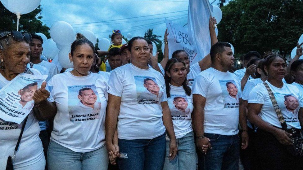 Cilenis Marulanda (3rd L), mother of Liverpool's Colombian football player Luis Diaz, demonstrates for her kidnapped husband in Barrancas, La Guajira, Colombia on October 31, 2023.