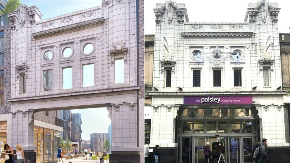 A computer generated image of the entrance to the Paisley Centre and current shot composite