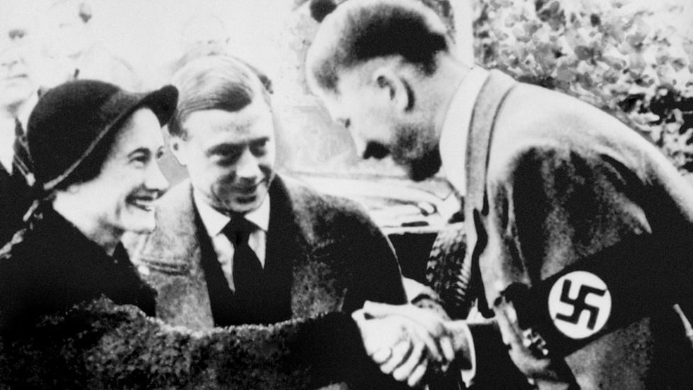 Hitler greeting the Duke and Duchess of Windsor in Munich 1937, after the abdication
