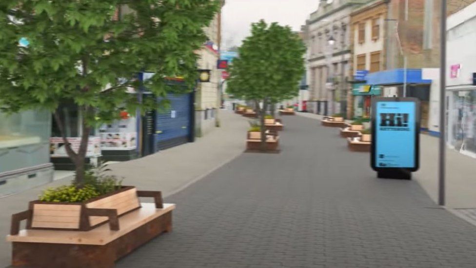 Artist impression drone image of what the improvements in Kettering town centre will look like