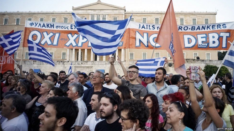 Demonstrators during a rally in Athens, Greece, 29 June 2015.
