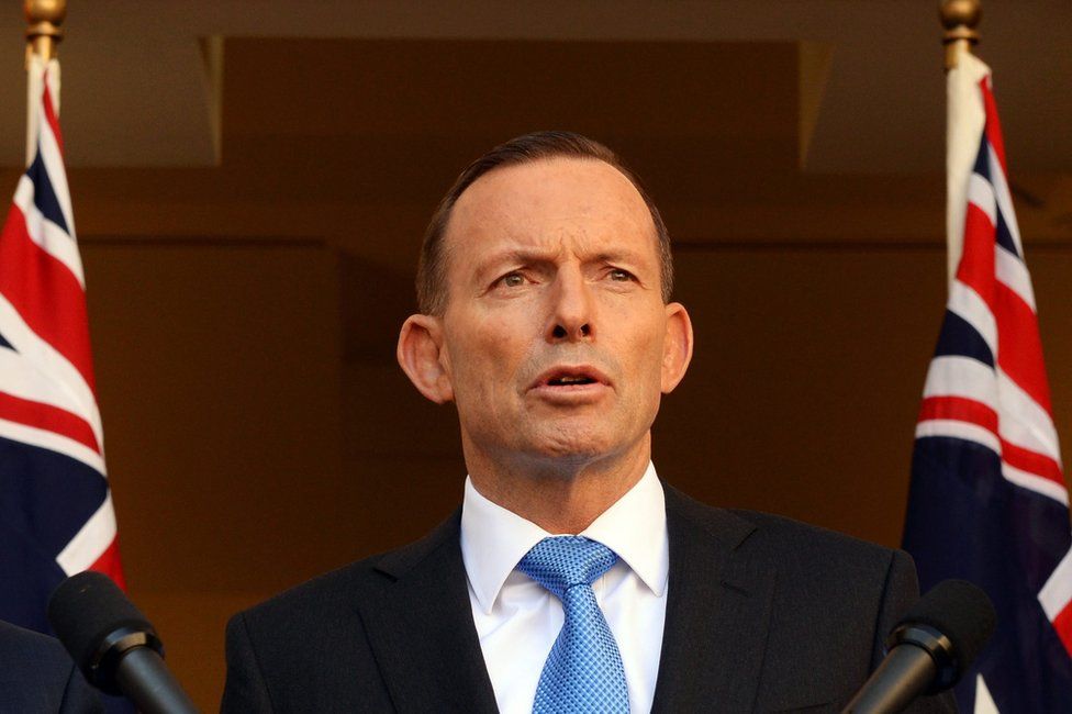 Australian Prime Minister Tony Abbott during a press conference in the Prime Ministerial Courtyard at Parliament House in Canberra, Australia, 9 September 2015