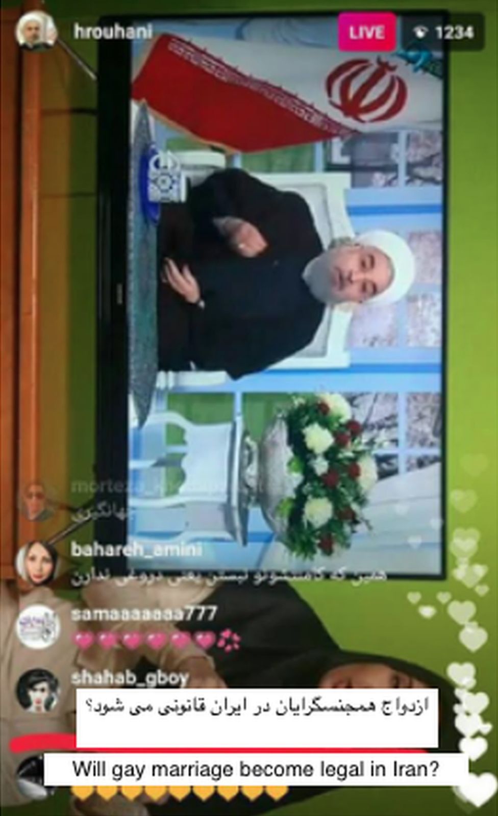 LGBT activist asks "will gay marriage become legal in Iran" during a live stream of a speech by Hassan Rouhani