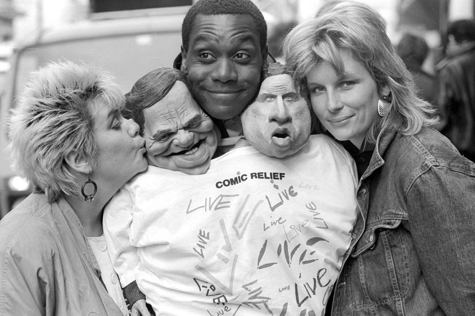 'Light Relief' Spitting Image photocall for Comic Relief with Dawn French, Lenny Henry and Jennifer Saunders