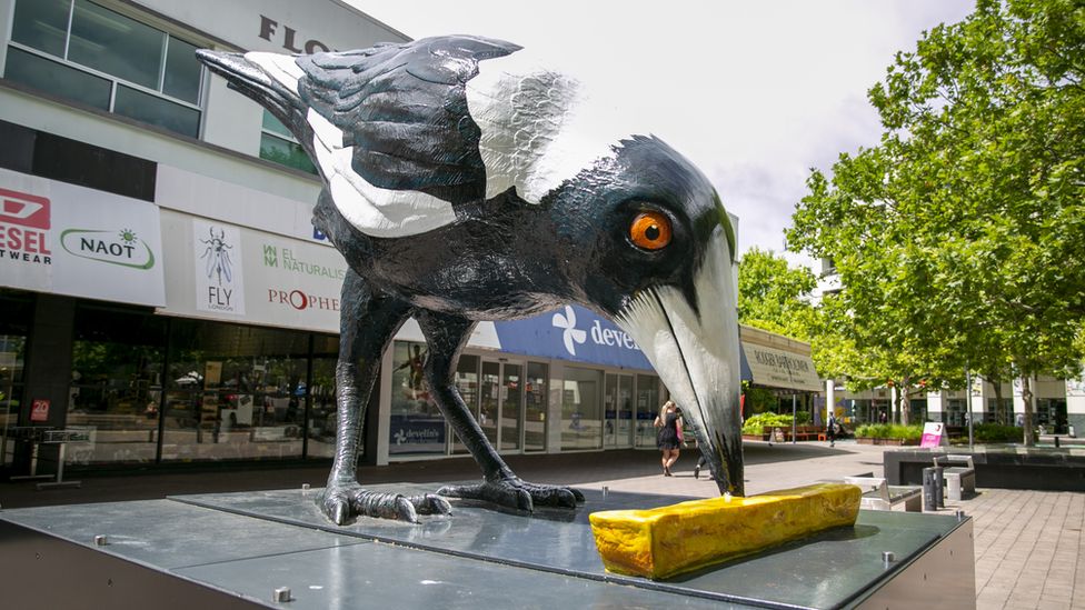 A sculpture of a magpie eating a chip