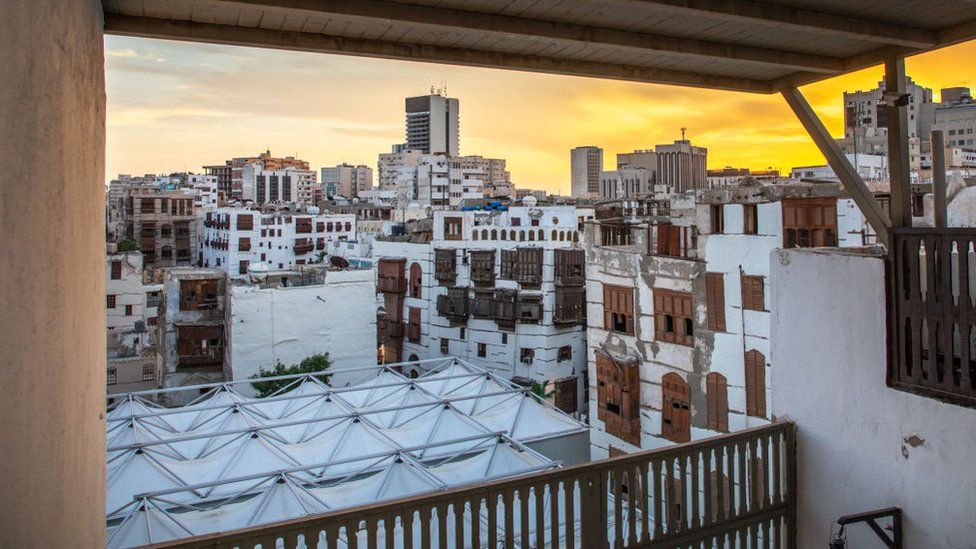 A view from a balcony of old buildings, including the Sharbatly cultural house, in the al-Balad district of Jeddah, Saudi Arabia (7 January 2022)