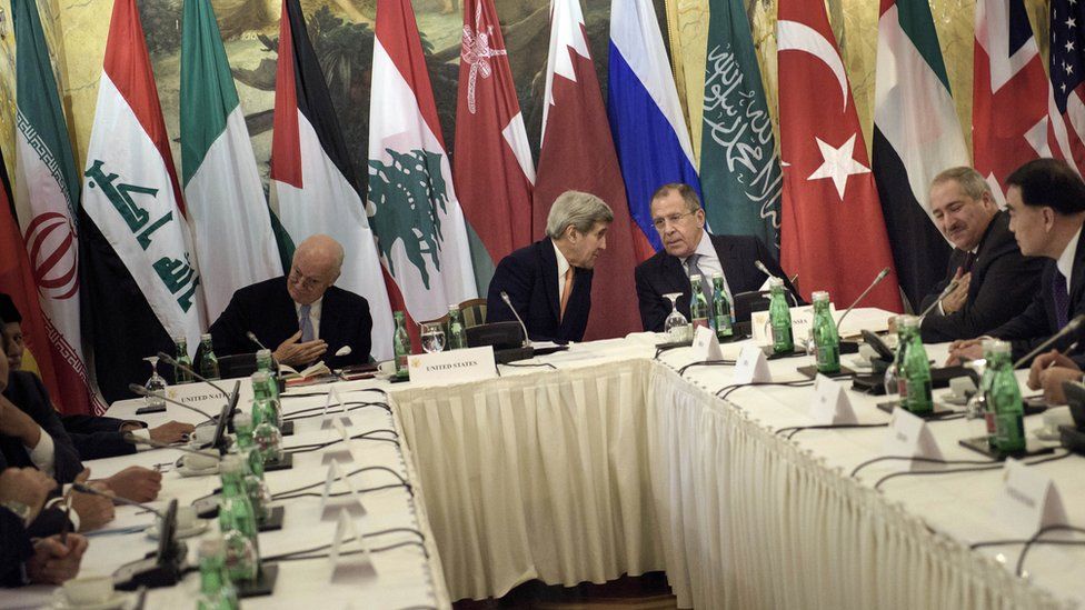 John Kerry, the UN special envoy for Syria and the Russian Foreign Minister in Vienna on 30 October 2015