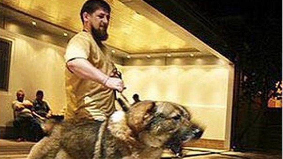 Ramzan Kadyrov holds back Caucasian shepherd dog