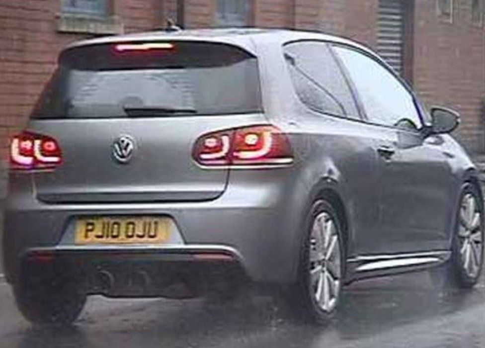 Three-door silver/grey VW Golf, registration number PJ10 OJU,