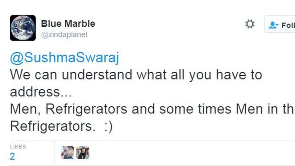 @SushmaSwaraj We can understand what all you have to address...Men, Refrigerators and some times Men in the Refrigerators. :)