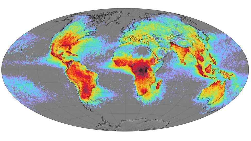A map of the world showing the frequency of lightning strikes - most common in central Africa, South America and south Asia