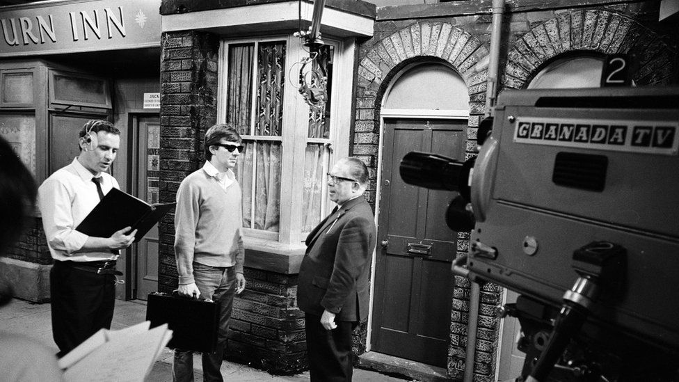 Actors in front of a Granada TV camera on the Coronation Street set in 1968