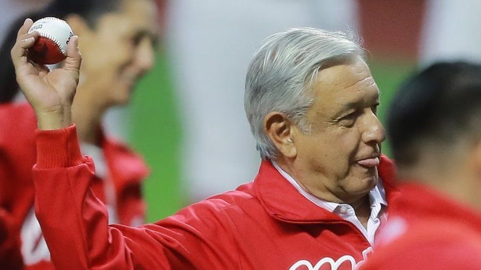 Andres Manuel Lopez Obrador, President of Mexico pitches the first ball prior a friendly game between San Diego Padres and Diablos Rojos at Alfredo Harp Helu Stadium on March 23, 2019 in Mexico City, Mexico.