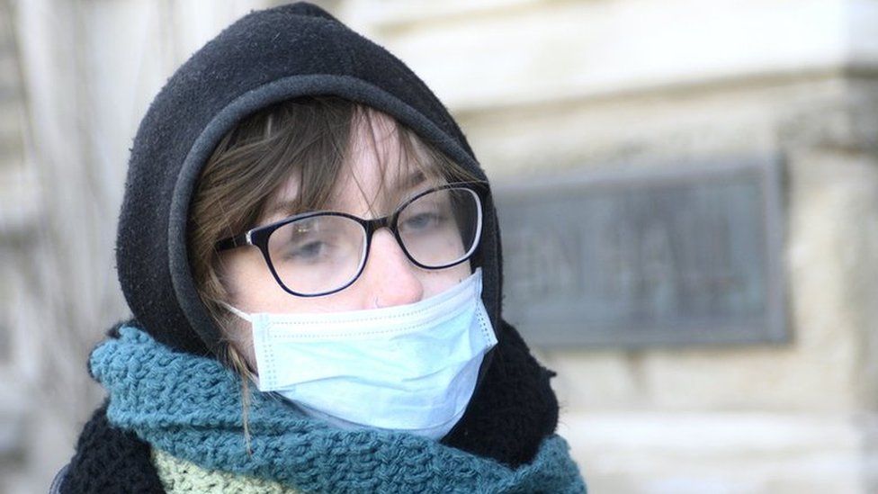 Woman in a mask at Temple University in Philadelphia