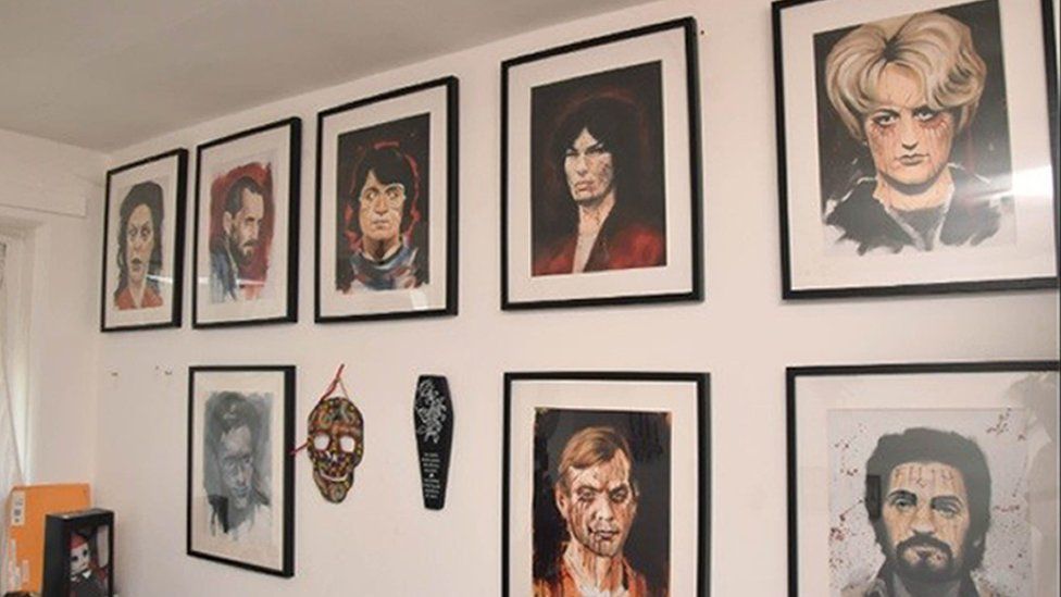 pictures of serial killers on Shaye Groves' bedroom wall