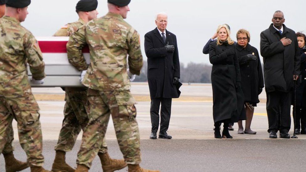 US President Joe Biden, first lady Jill Biden, Secretary of Defence Lloyd J. Austin III attend the dignified transfer of the remains of Army Reserve Sergeants William Rivers, Kennedy Sanders and Breonna Moffett, three US service members who were killed in Jordan during a drone attack carried out by Iran-backed militants, at Dover Air Force Base in Dover, Delaware, US, 2 February, 2024