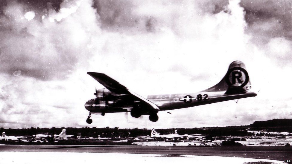 The Boeing B-29 Superfortress Enola Gay landing on the Marianas Island after the atomic bombing mission on Hiroshima, Japan.