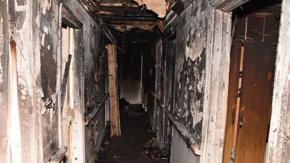 The inside of the fire-damaged building