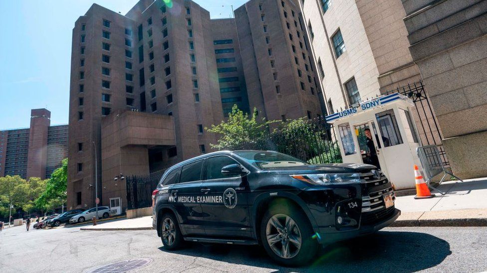 A New York Medical Examiner's car is parked outside the Metropolitan Correctional Center