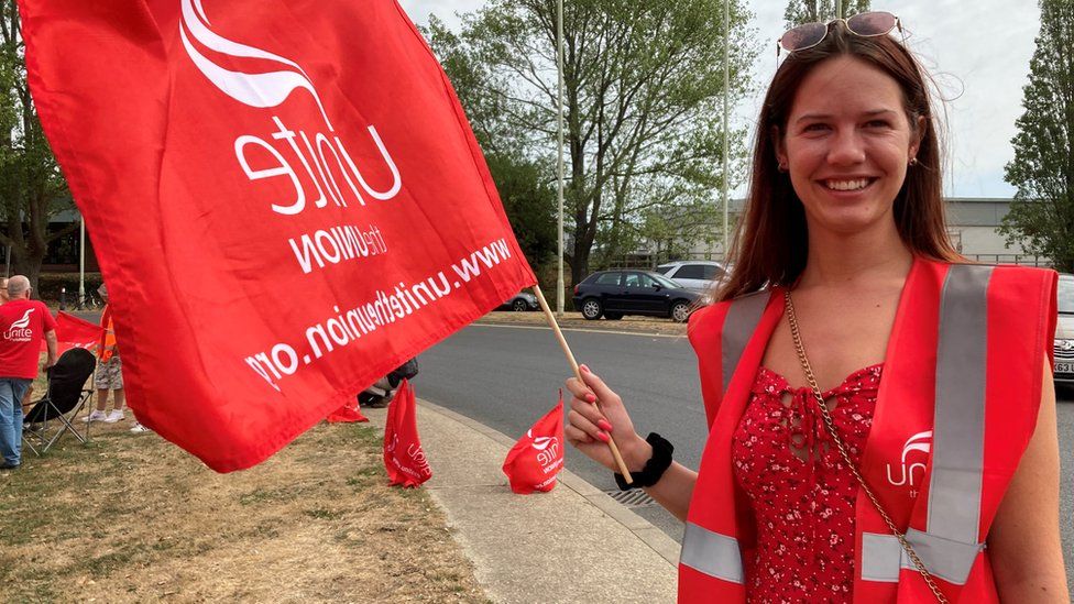 Caitlin Du Plessis on strike outside the Port of Felixstowe