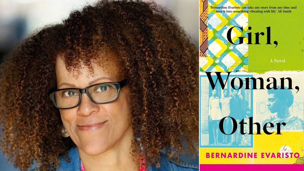 Bernardine Evaristo and the book jacket for Girl, Woman, Other