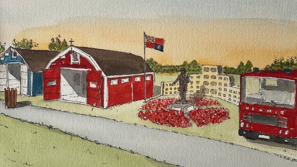 An illustration of what the memorial will look like, featuring a barn, a memorial garden and a fire engine
