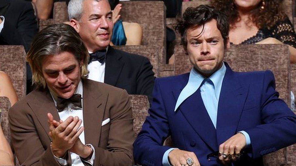 (Left to right) Olivia Wilde, Chris Pine, Harry Styles and Gemma Chan attended the premiere of their film Don't Worry Darling at the Venice Film Festival on Sunday