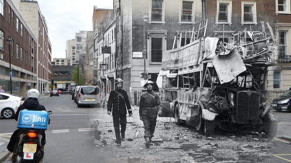 Mix of war damage and modern street
