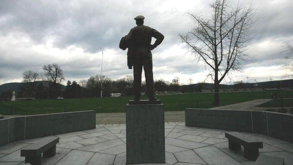 A statue of Gen Douglas MacArthur overlooks a plaza at the US Military Academy at West Point (December 2009)