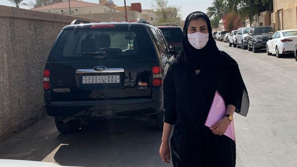Saudi activist Loujain al-Hathloul is pictured on his way to the state security court in the Saudi capital Riyadh on March 2, 2021.