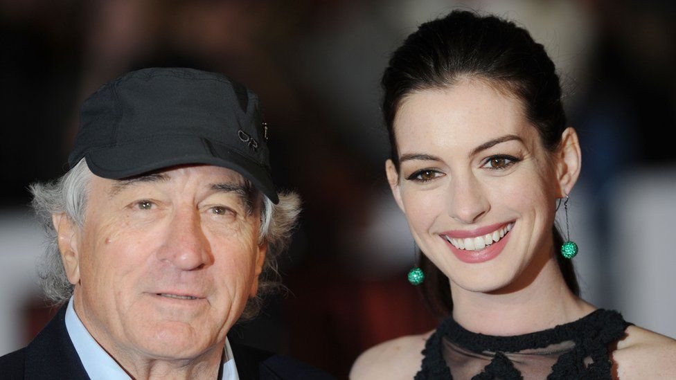 Robert De Niro at the UK premier of The Intern, with co-star Anne Hathaway