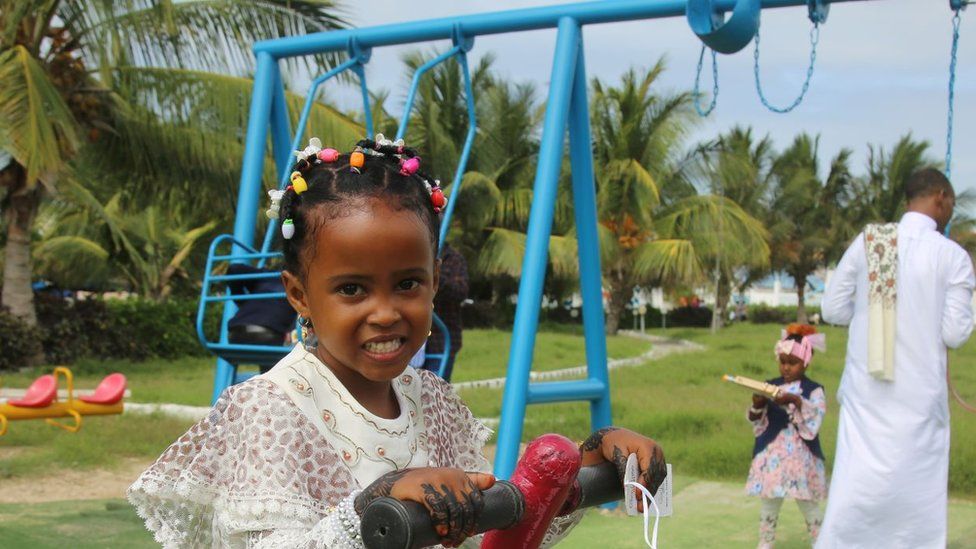 A child playing in a park in Mogadishu, Somalia in May 2020