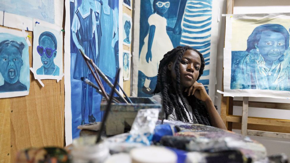 Ghanaian artist Awanle Ayiboro Hawa Ali in her studio in Accra, Ghana - Monday 8 May 2023