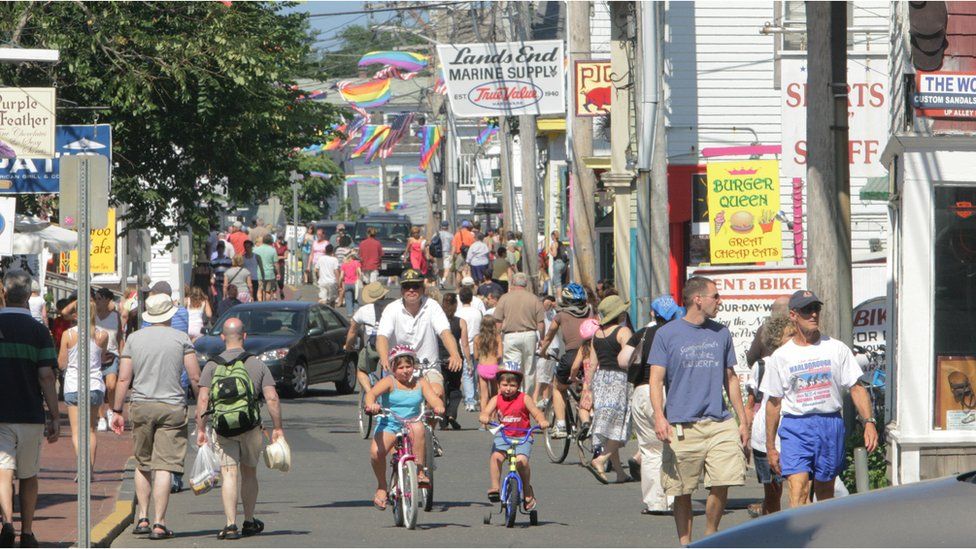 a crowded street in Provincetown in 2006