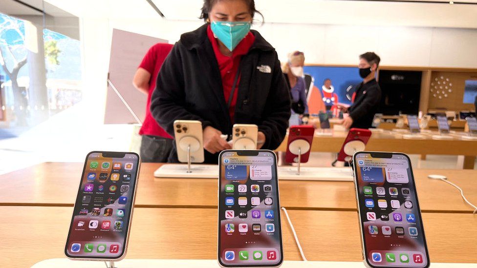 New iPhone 13s are displayed at an Apple store on January 27, 2022 in Corte Madera, California