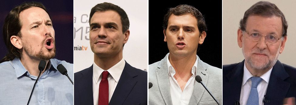 Spanish party leaders from L to R: Pablo Iglesias, Pedro Sanchez, Albert Rivera and Mariano Rajoy