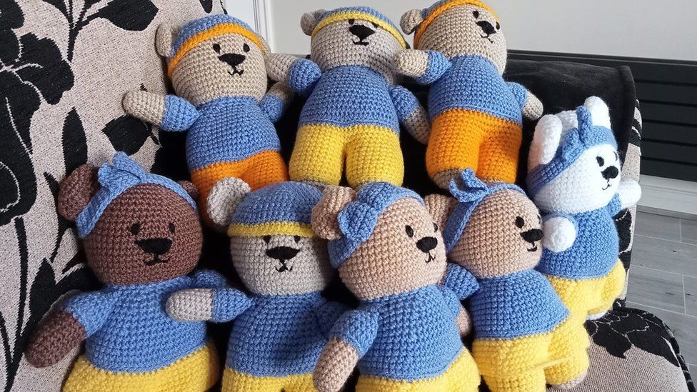Group of crocheted teddy bears