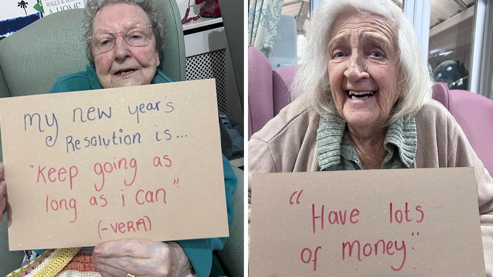 Residents at Temple Croft Care Home hold up signs displaying their new year's resolutions