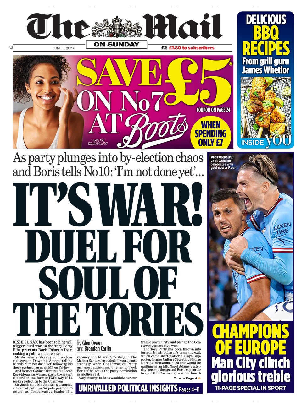 The headline in the Mail on Sunday reads 'It's war! Duel for soul of the Tories'