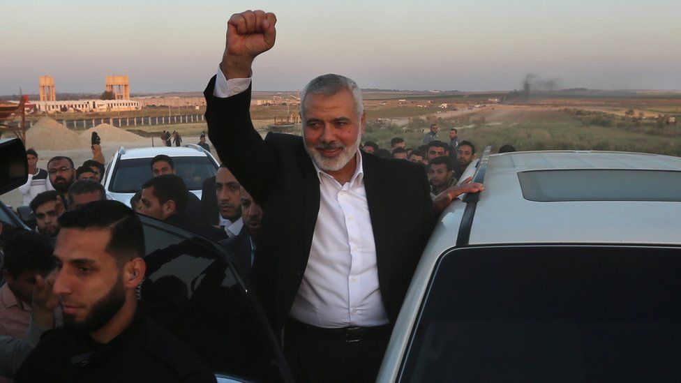 Hamas leader Ismail Haniya gestures as he visits the site of a protest on the Gaza-Israel border on 9 April 2018
