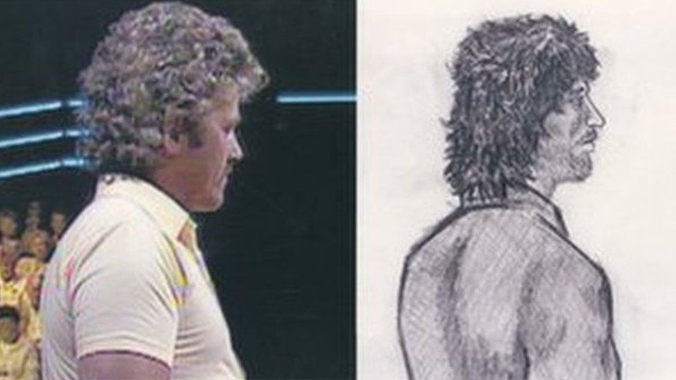 John Cooper appearing on Bullseye and an artist's impression released by police in July 1989