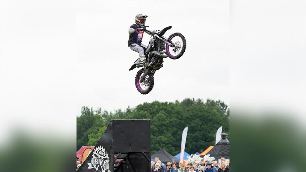 Motorbike doing a stunt at the Royal Cheshire Show